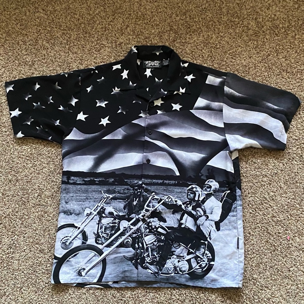 Dragonfly Black & White American Flag Biker Print Button-Up Shirt